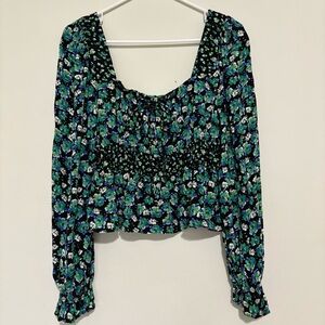 SO Floral Black and Green Square Neck Long Sleeve Blouse - Size Large